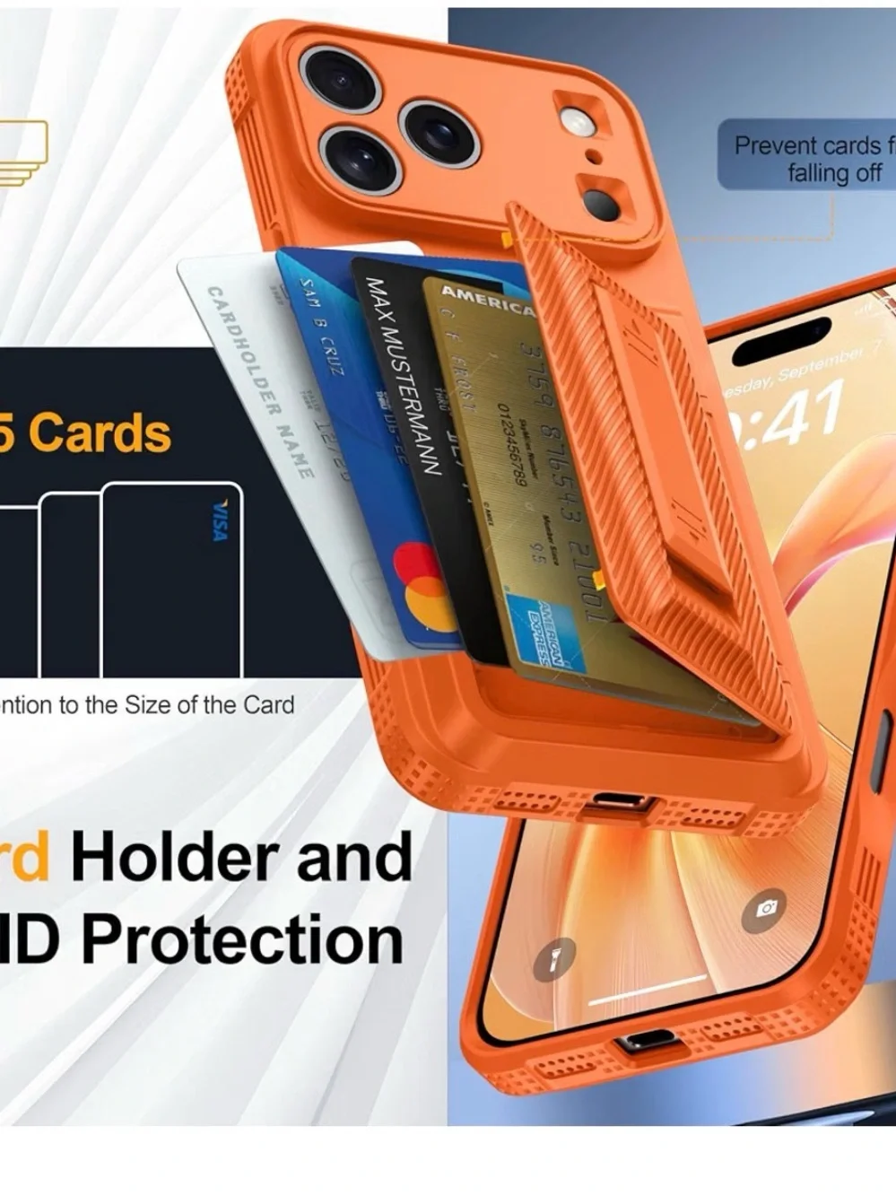iPhone 17 Pro Rugged Wallet Case with Card Holder — Orange NEW sturdy case